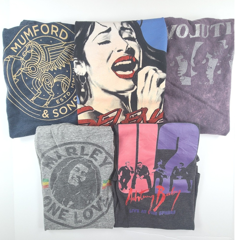 Lot of 5 Mens T Shirt Multicolor Selena The Beatles Bob Marley U2 Mumford & Sons